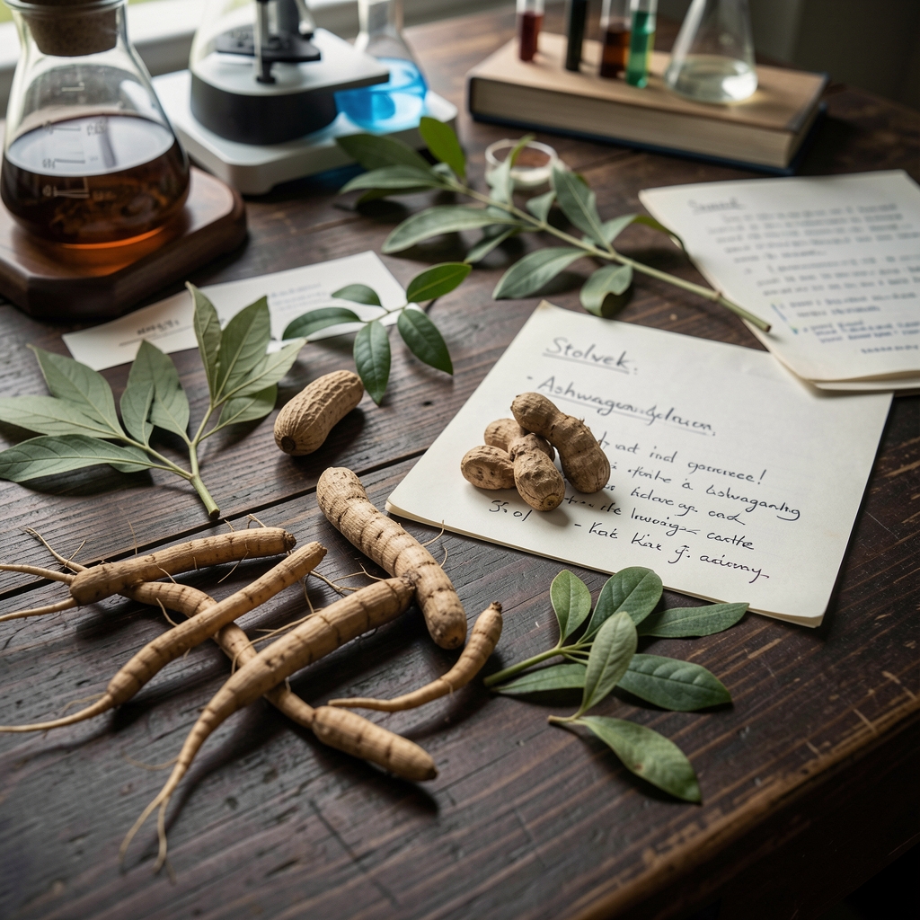 Ashwagandha roots and botanical notes on a dark wooden research table — Stolvek editorial