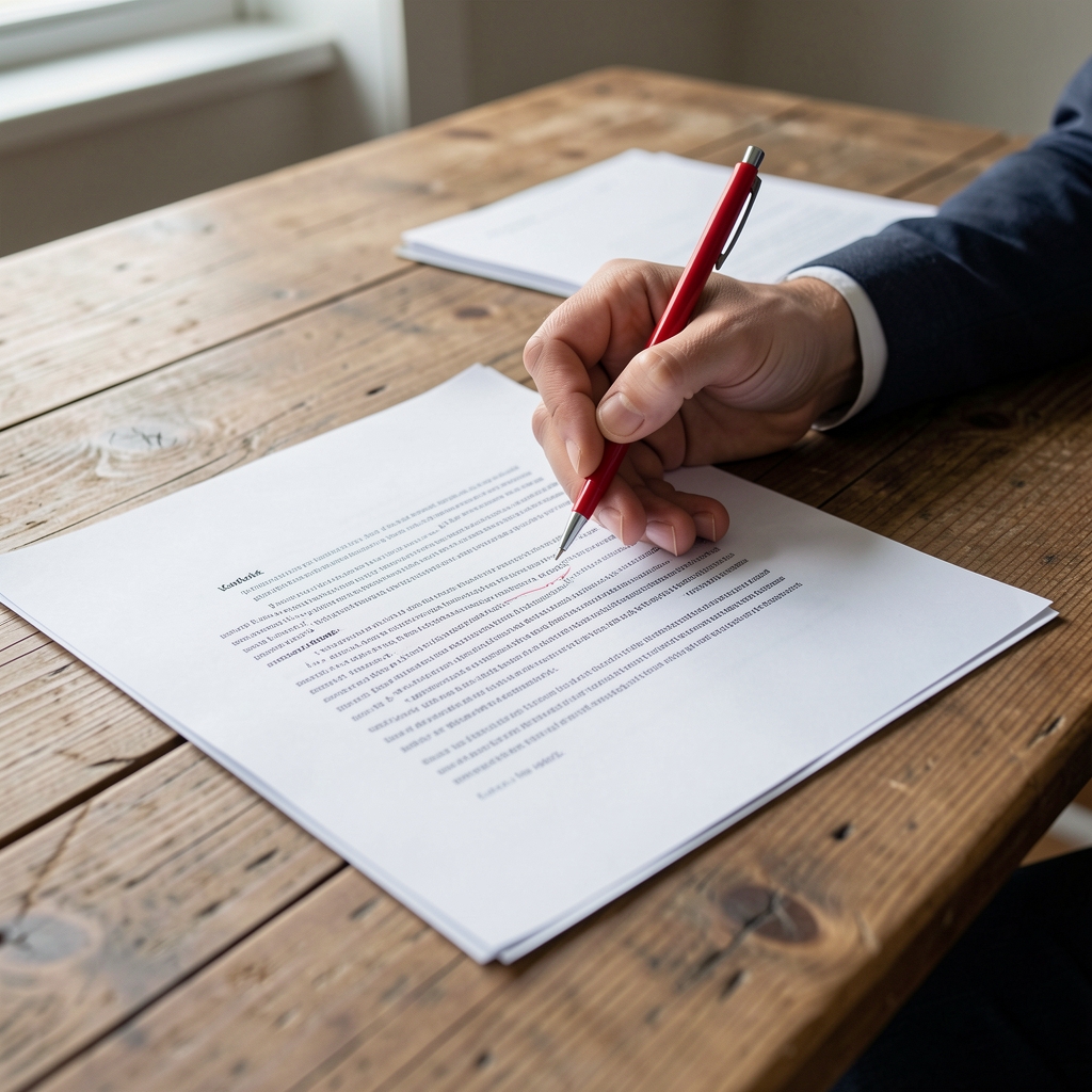 Copy and fact-check editor annotating a printed draft article with a red pen at a wooden table — Stolvek editorial