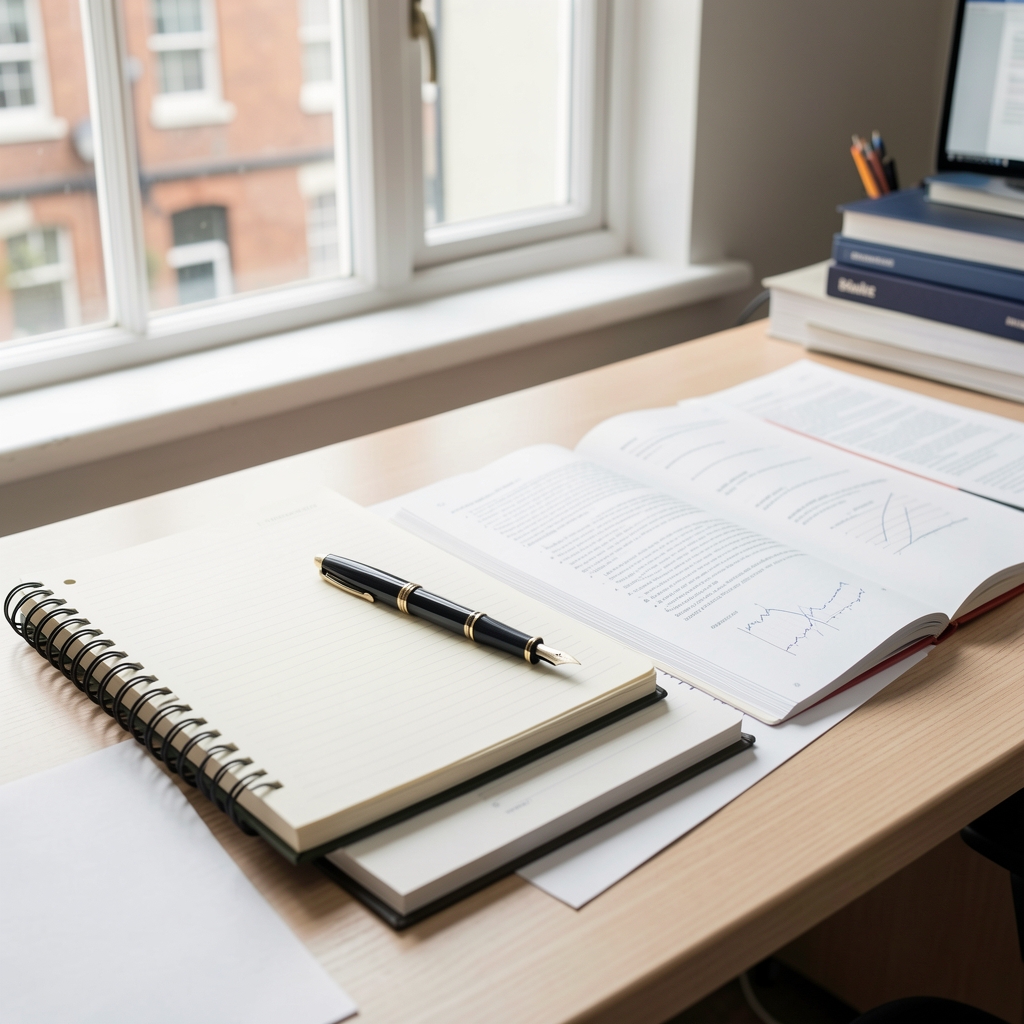 Notebook, fountain pen and open research papers on a bright editorial desk in Nottingham — Stolvek editorial
