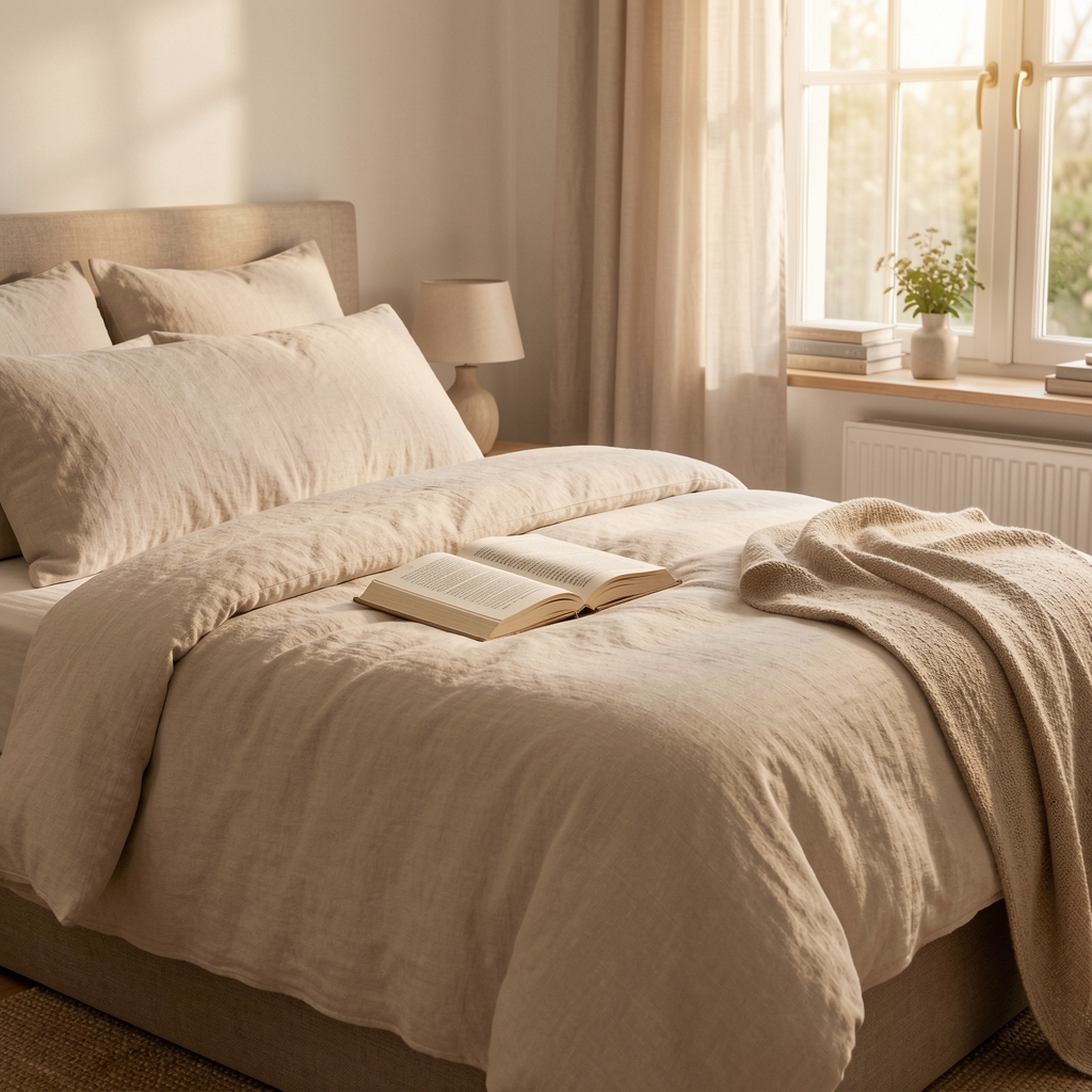 Quiet bedroom with linen bedding, journal and soft morning light — Stolvek editorial