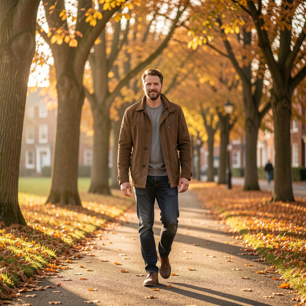 Man walking in gentle autumn sunlight beside Nottingham trees — Stolvek editorial